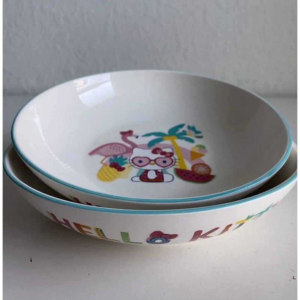 Set Of 2 Sanrio Hello Kitty Beach Summer Tropical Ceramic Pasta Dinner Bowls NEW